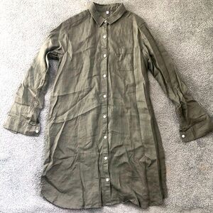New MUJI women olive green linen collared shirtdress long sleeve dress S Small
